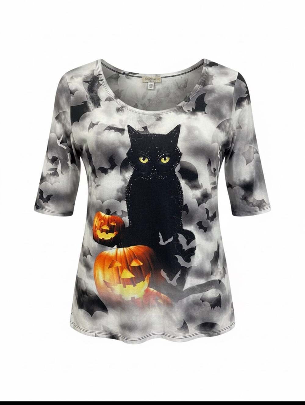 One World Halloween Black Cat Pumpkin Top Size XL 3/4 Sleeve Rhinestone